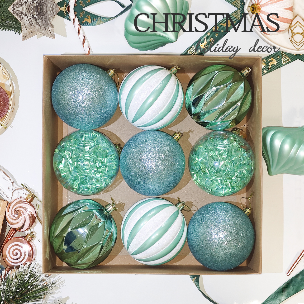 产品图片圣诞球 10cm Lake Blue Square Tube Christmas Ball Ornament Collection - Image 1