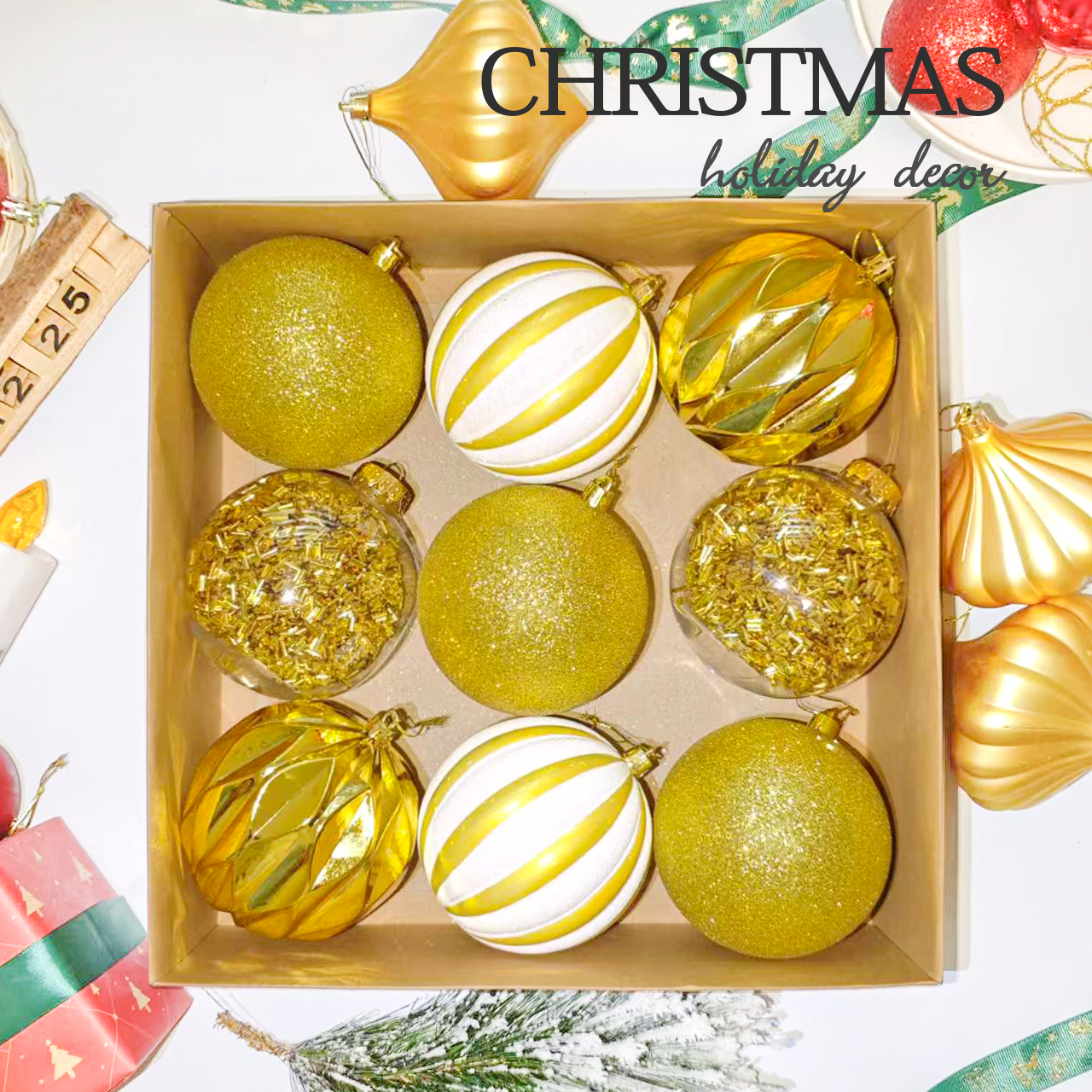 金色1 10cm Gold Square Tube Christmas Ball Ornament Collection - Image 1