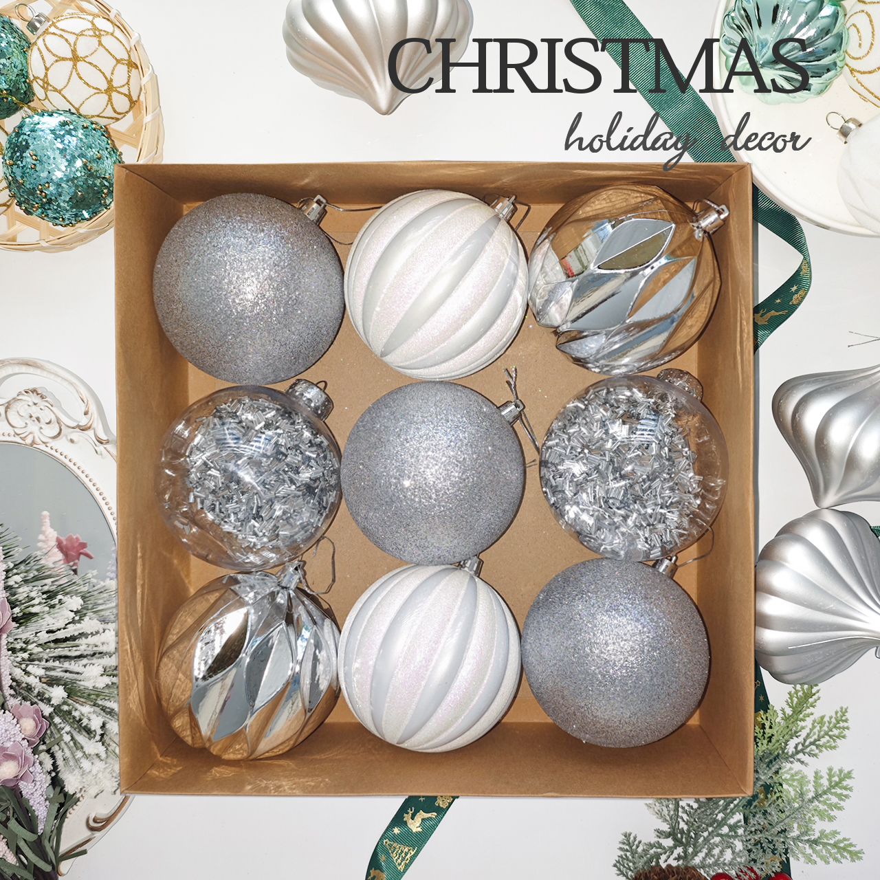 银色1 10cm Sliver Square Tube Christmas Ball Ornament Collection - Image 1