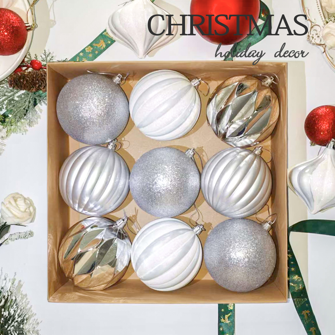 银色1 10cm Sliver Paiting Striped (With White Powder) Ball Ornament Collection - Image 1