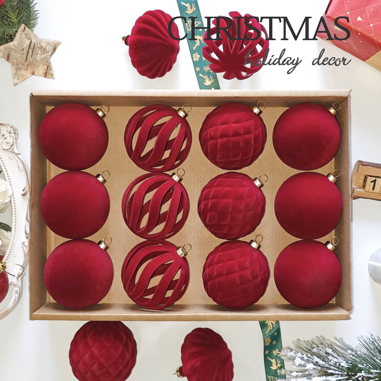 红色1 8cm Red S Shape Hollow Flocking Christmas Ball Ornament Collection - Image 1