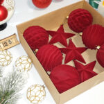 10cm Red Star Flocking Christmas Ball Ornament Collection - Image 2