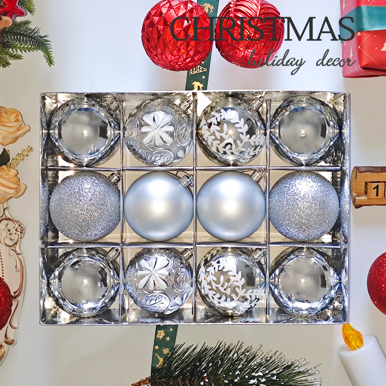 银色1 8cm Silver Paiting Classic Christmas Ball Ornament Collection - Image 1