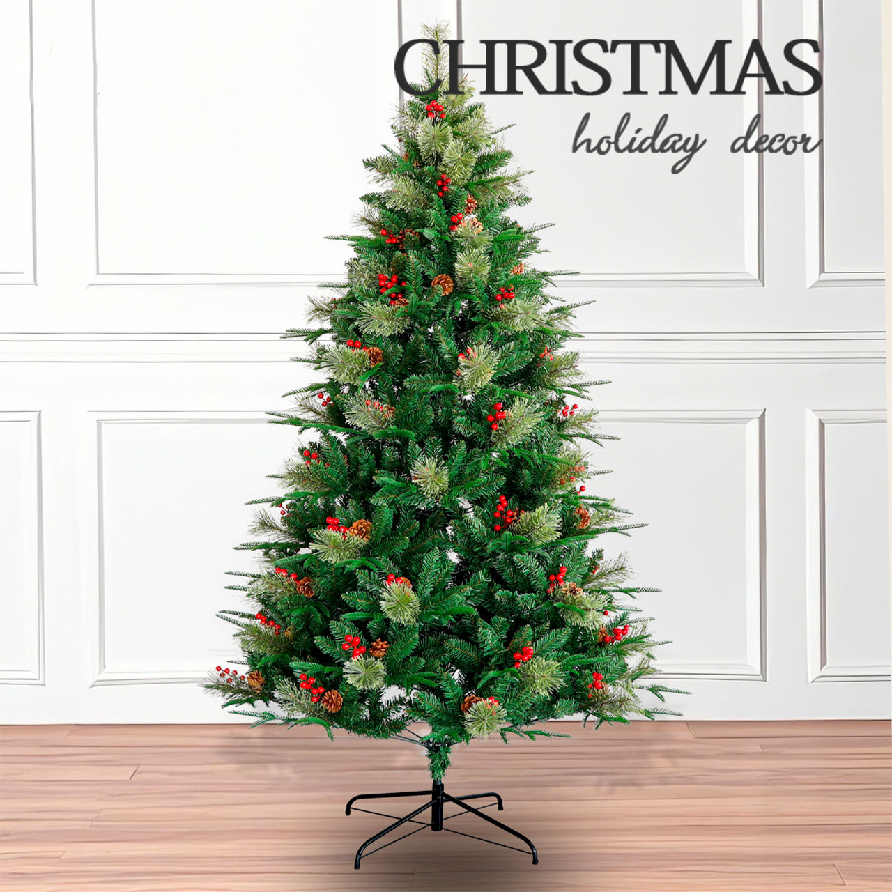 Artificial-Christmas-Tree-1 Artificial Christmas Tree with PE+PVC Pine Needles, Pine Cones, and Berries - Image 1