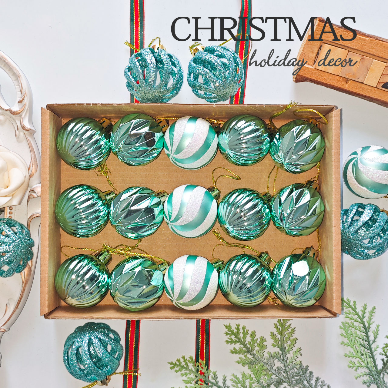 湖蓝1 4cm Lake-blue S-shaped openwork Christmas Ball Ornamnets - Image 1