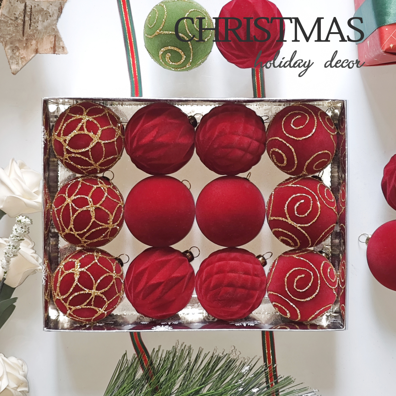 红色1 6cm Red Paiting Flocking Christmas Ball Ornament - Image 1