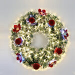 Green PVC warm white LED fiber optic wreath with ornament - Image 2