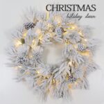 PE+Pine needle snow wreath with cones and warm white light