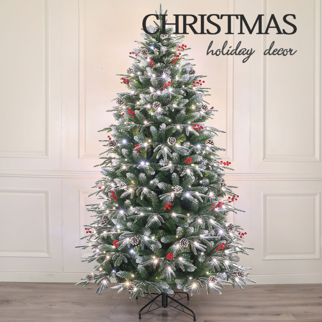 Pre-lit-white-paint-five-furcations-PE+PVC-sharp-tip-Christmas-tree-with-red-berries-and-cones Pre-lit white paint five furcations PE+PVC sharp tip Christmas tree with red berries and cones - Image 1