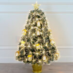 Green PVC warm white LED plum blossom tip fiber optic tree with gold house ornament - Image 2