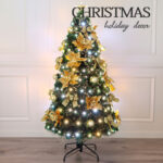 Green PVC warm white/white LED fiber optic tree with gold ornament