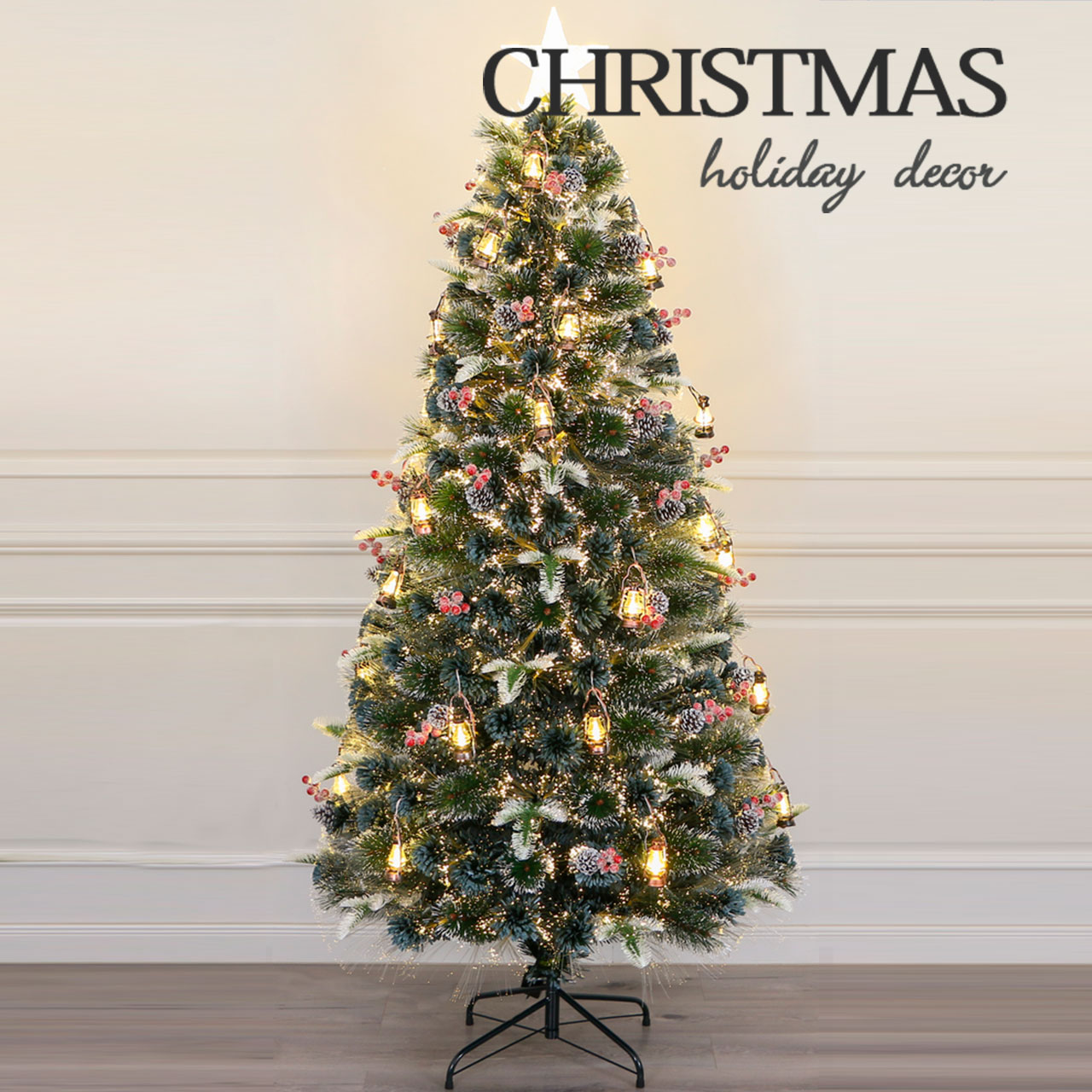 T2336. White edge PVC+white paint pine needle +PE mixed tip warm white LED fiber optic tree with ornament - 图片 1