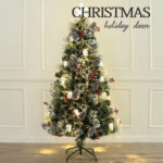 White edge leaves+pine needle warm white LED+white house fiber optic tree with cones and red berries