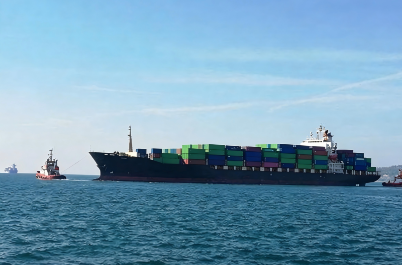 jimeng-2026-02-26-6859-保持原图片中的集装箱货轮、拖船及现有海洋、天空内容不变，智能扩展画面上下部分的海...